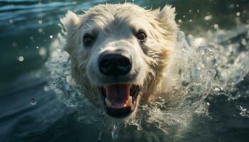 uma molhado cachorro jogando dentro a água, uma fofa verão cena gerado de ai foto