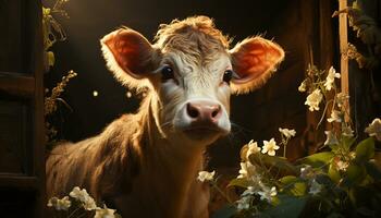 fofa vaca pastar em verde Prado, olhando às Câmera gerado de ai foto