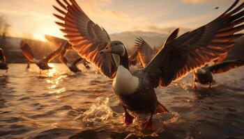 natureza beleza dentro uma tranquilo cena, patos e gaivotas vôo gerado de ai foto