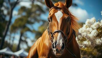 cavalo pastar dentro Prado, juba fluindo, capturando natureza beleza gerado de ai foto