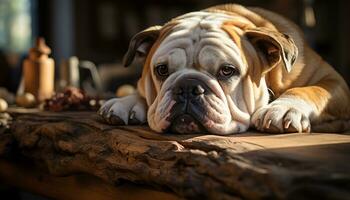 uma fofa buldogue cachorro sentado, olhando às Câmera, dentro de casa gerado de ai foto