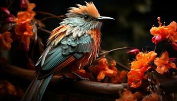 lindo pássaro empoleirar-se em uma ramo dentro uma vibrante floresta tropical gerado de ai foto