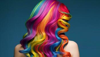loiro cabelos mulher com encaracolado cabelo vitrines vibrante, elegante moda gerado de ai foto