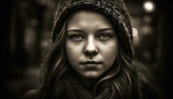 retrato do uma jovem mulher, beleza dentro dela tristeza, olhando às Câmera gerado de ai foto
