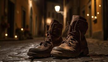 sujo velho couro sapato caminhando dentro a Sombrio inverno noite gerado de ai foto