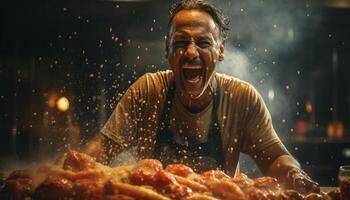 uma alegre homem grelhar carne dentro de casa, desfrutando a noite gerado de ai foto