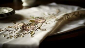 têxtil decoração, elegância dentro de casa travesseiro, velho formado padrão, moda luxo quarto Antiguidade gerado de ai foto