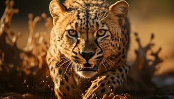 majestoso guepardo, África beleza, caminhando através região selvagem, encarando para dentro distância gerado de ai foto