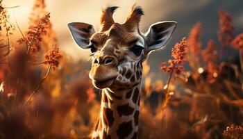 girafa em pé dentro a pôr do sol, olhando bonitinho, dentro a savana gerado de ai foto
