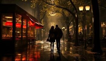 irreconhecível casal caminhando dentro a cidade, iluminado de rua luzes gerado de ai foto