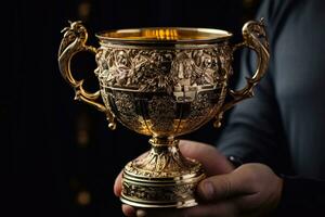 dourado glória fecho de mão em ouro copo troféu do excelência forjado de generativo ai foto