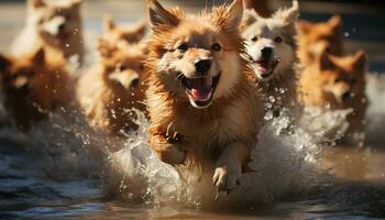 uma brincalhão cachorro espirrando dentro a água, puro alegria e Diversão gerado de ai foto