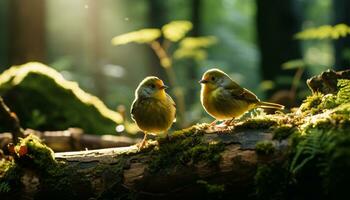 jovem pássaro empoleirar-se em uma filial, cercado de a tranquilo floresta gerado de ai foto