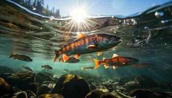 escola do peixe natação dentro a profundo, exibindo embaixo da agua beleza gerado de ai foto