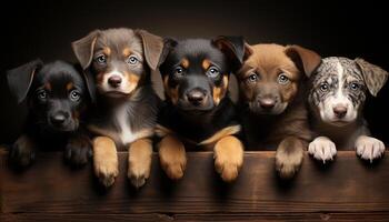 uma fofa cachorro sentado dentro uma linha com pequeno animais gerado de ai foto