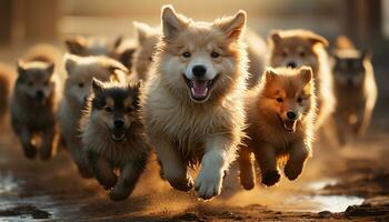 uma fofa cachorro jogando com uma grupo do fofo animais gerado de ai foto