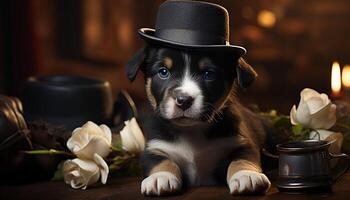 fofa cachorro sentado em uma pequeno mesa, olhando às flores gerado de ai foto