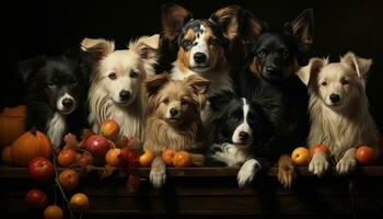 fofa cachorro sentado, olhando às uma grupo do brincalhão animais gerado de ai foto