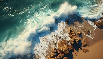 majestoso montanha penhasco, falhando ondas, spray vôo acima águas Beira gerado de ai foto