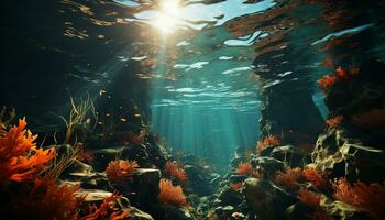 embaixo da agua natureza revela peixe, recife, e vibrante cores abaixo gerado de ai foto