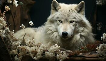 Lobo dentro inverno floresta, feroz olhar, natureza indomado beleza gerado de ai foto