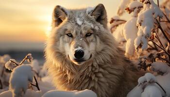 uma fofa Lobo dentro a neve, uivando às a pôr do sol gerado de ai foto