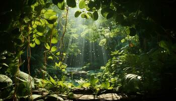 uma exuberante verde floresta, uma tranquilo cena do natureza beleza gerado de ai foto