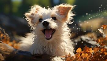 uma fofa cachorro jogando dentro a grama, desfrutando a ao ar livre gerado de ai foto