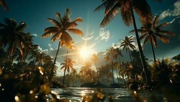 tropical pôr do sol Palma árvore, natureza, Férias, água, verão, crepúsculo gerado de ai foto