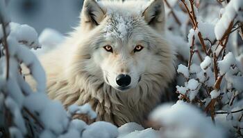 uma fofa cinzento Lobo dentro a neve, olhando às Câmera gerado de ai foto