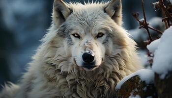 uma fofa Lobo dentro a neve, olhando às a Câmera gerado de ai foto