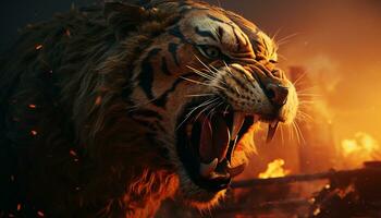 majestoso Bengala tigre rugindo, feroz e lindo dentro a selvagem gerado de ai foto