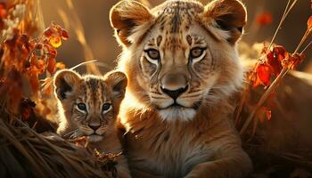 pôr do sol safári majestoso leoa esconde dentro a africano savana gerado de ai foto