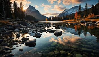 tranquilo cena do majestoso montanha alcance refletido dentro sereno água gerado de ai foto