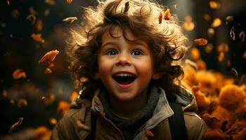 uma bonitinho, sorridente criança goza outono ao ar livre, cercado de natureza gerado de ai foto
