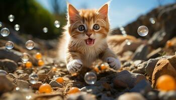 fofa gatinho jogando com uma brinquedo bola dentro a Relva gerado de ai foto