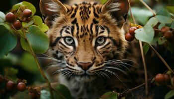 tigre escondido, olhando fixamente, fechar acima, listrado, selvagem, lindo, perigoso, natureza gerado de ai foto
