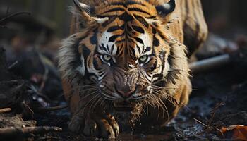 tigre, natureza beleza, feroz e selvagem, caminhando através a floresta gerado de ai foto