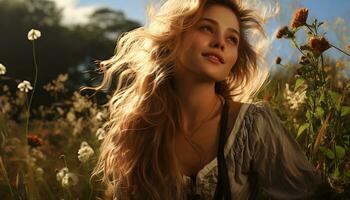 uma jovem mulher, sorridente, desfrutando natureza beleza dentro a Prado gerado de ai foto