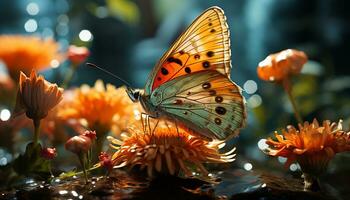 uma vibrante borboleta poliniza uma amarelo flor dentro natureza beleza gerado de ai foto