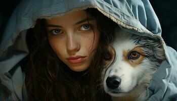 fofa cachorro retrato, mulher olhando às Câmera, de raça pura cachorro gerado de ai foto