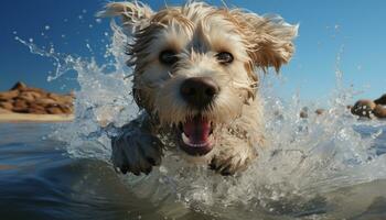 fofa cachorro jogando dentro água, espirrando, alegre e refrescante verão gerado de ai foto