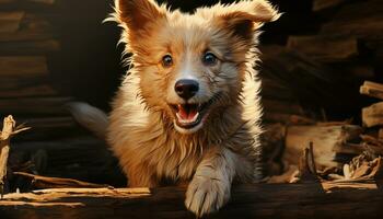 fofa cachorro sentado, olhando às Câmera, brincalhão, fofinho, alegre gerado de ai foto