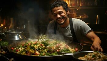 uma sorridente homem cozinhando uma saudável refeição dentro a cozinha gerado de ai foto