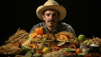 uma caucasiano adulto sentado, comendo uma gourmet mexicano refeição dentro de casa gerado de ai foto