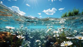 embaixo da agua paisagem, vibrante coral, peixe, e luz solar crio idílico Férias gerado de ai foto