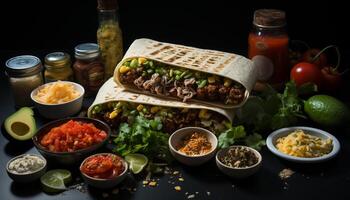 grelhado carne, fresco tomate, abacate, guacamole em caseiro tortilla gerado de ai foto