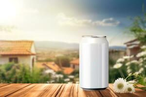 brincar do uma branco alumínio pode com uma refrescante beber ou cerveja. lindo verão fundo e céu. cópia de espaço. generativo ai conteúdo foto