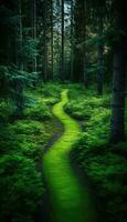 curvado estrada através vibrante verde floresta ai gerado foto