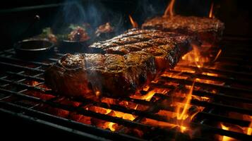 delicioso carne frito bifes em a grade cozinhou em fogo foto